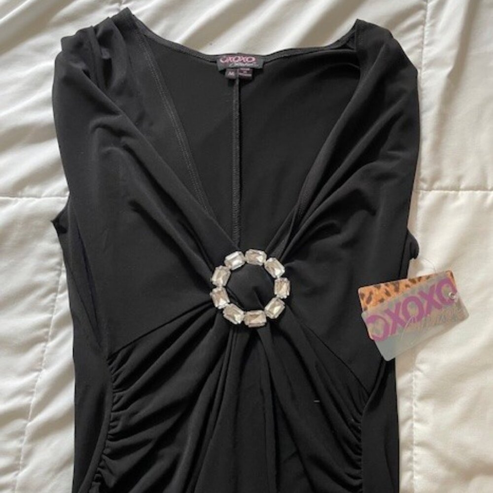 Dramatic, vintage XOXO Collection black ruched rhinestone ring V-neck dress